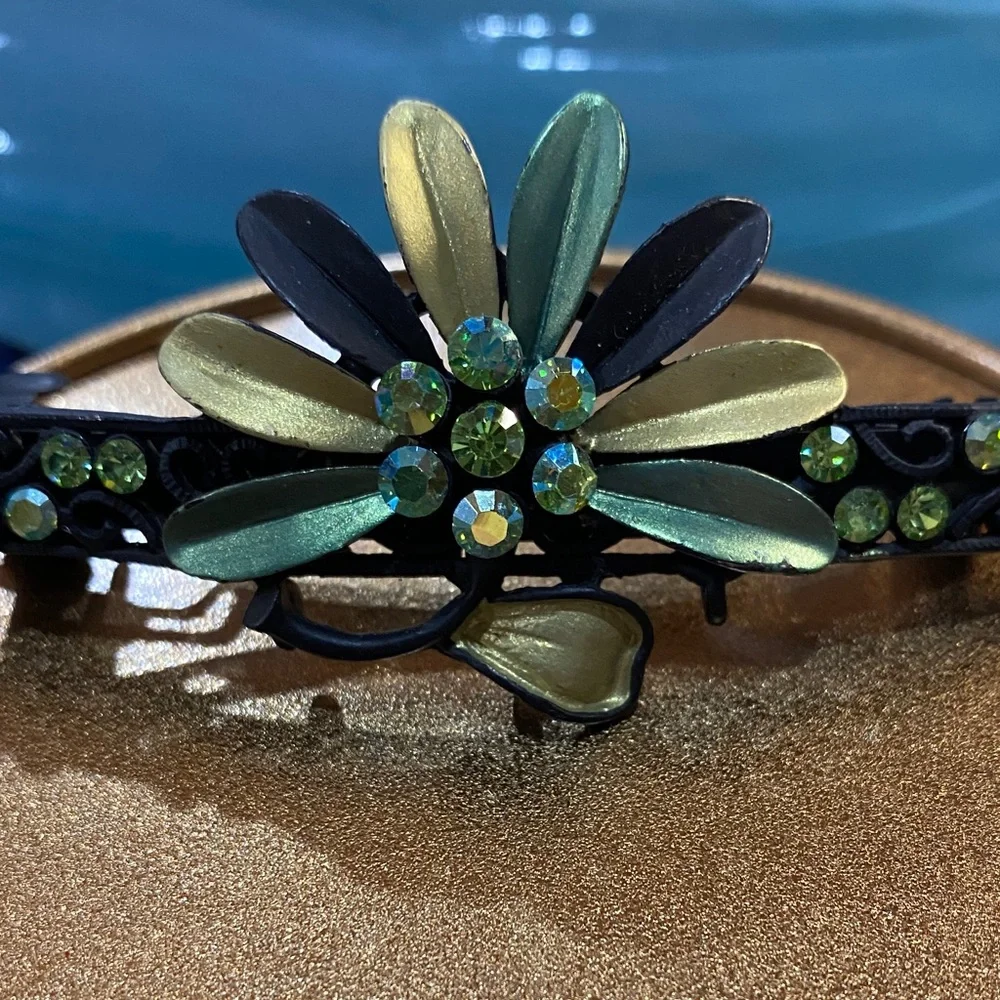 Elegant Black and Green Floral Hair Barrette 4 inch